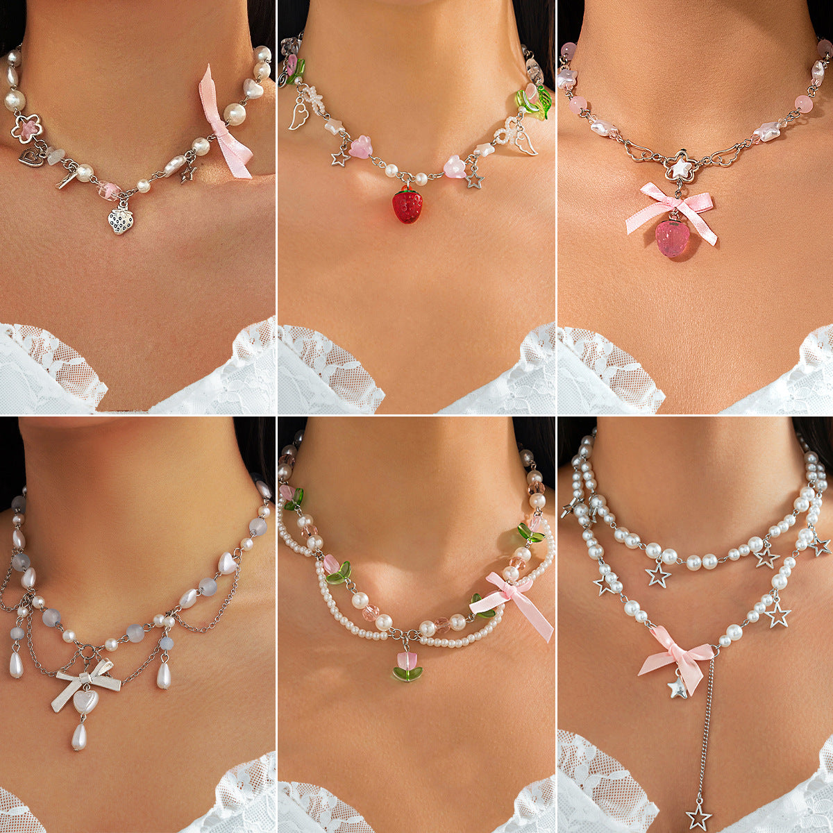Ins Style Strawberry Pendant Necklace with Pearl-Look Beads, Heart and Star Charms, Tassel Accents, Plated Alloy, Handmade Chain for Women