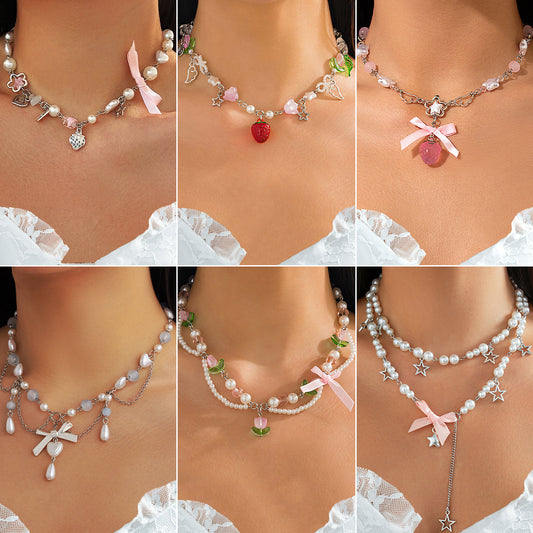 Ins Style Strawberry Pendant Necklace with Pearl-Look Beads, Heart and Star Charms, Tassel Accents, Plated Alloy, Handmade Chain for Women