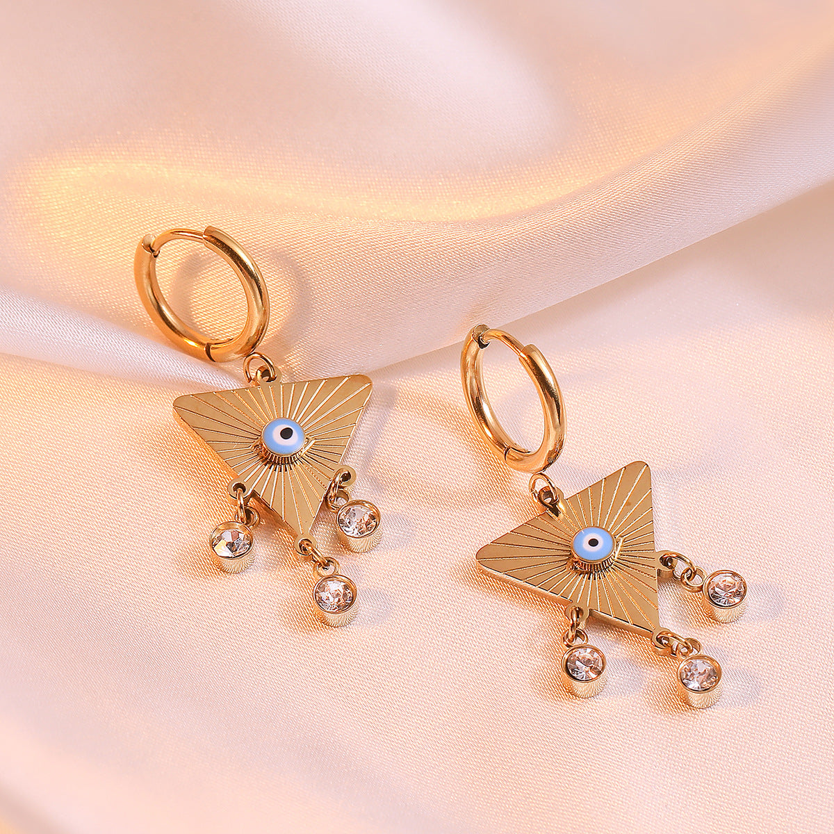 Minimalist Geometric Evil Eye Earrings for Women in Titanium Steel with Rhinestone Inlay and Enamel Finish