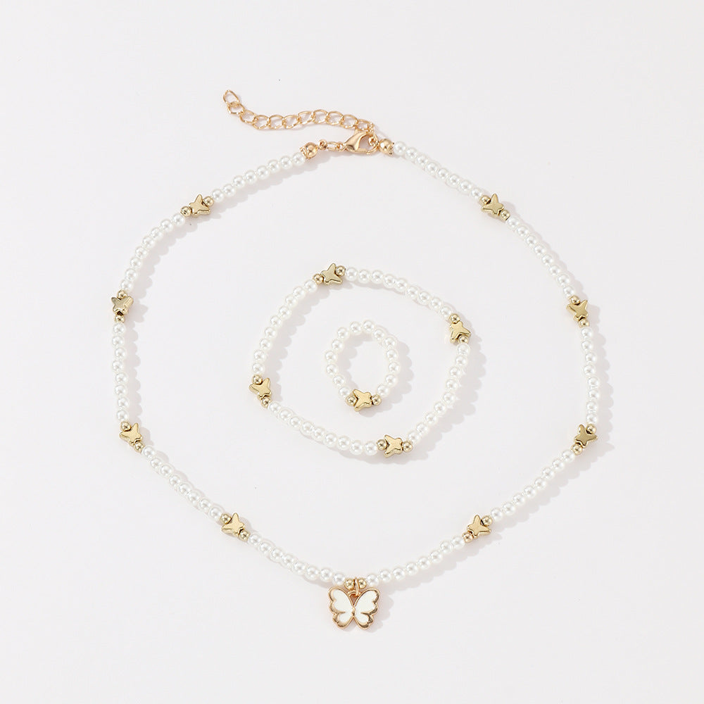 Simpatico Set di Gioielli per Bambini a Forma di Farfalla e Stella Collana Anello Braccialetto Pendente in Resina Plastica Lega Fatto a Mano con Perline Rotonde Catena