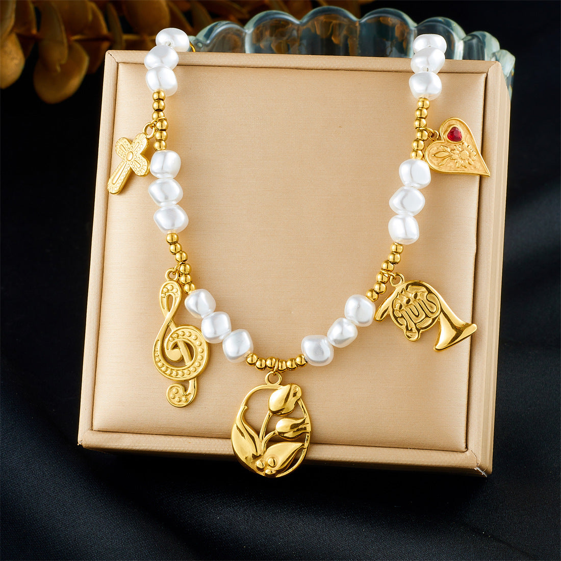 Vintage Elegant Heart Bow Stainless Steel Plated Pearl Ball Chain Necklace for Women