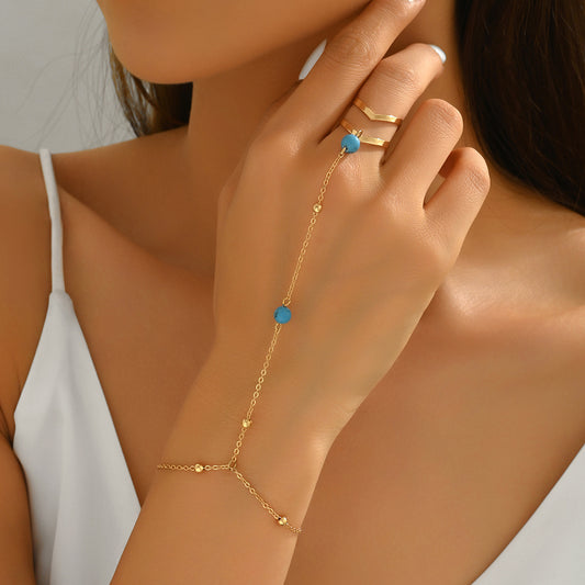Set bracciale e anello in lega di zinco con intarsi turchesi stile geometrico da donna con lavorazione artigianale di perline