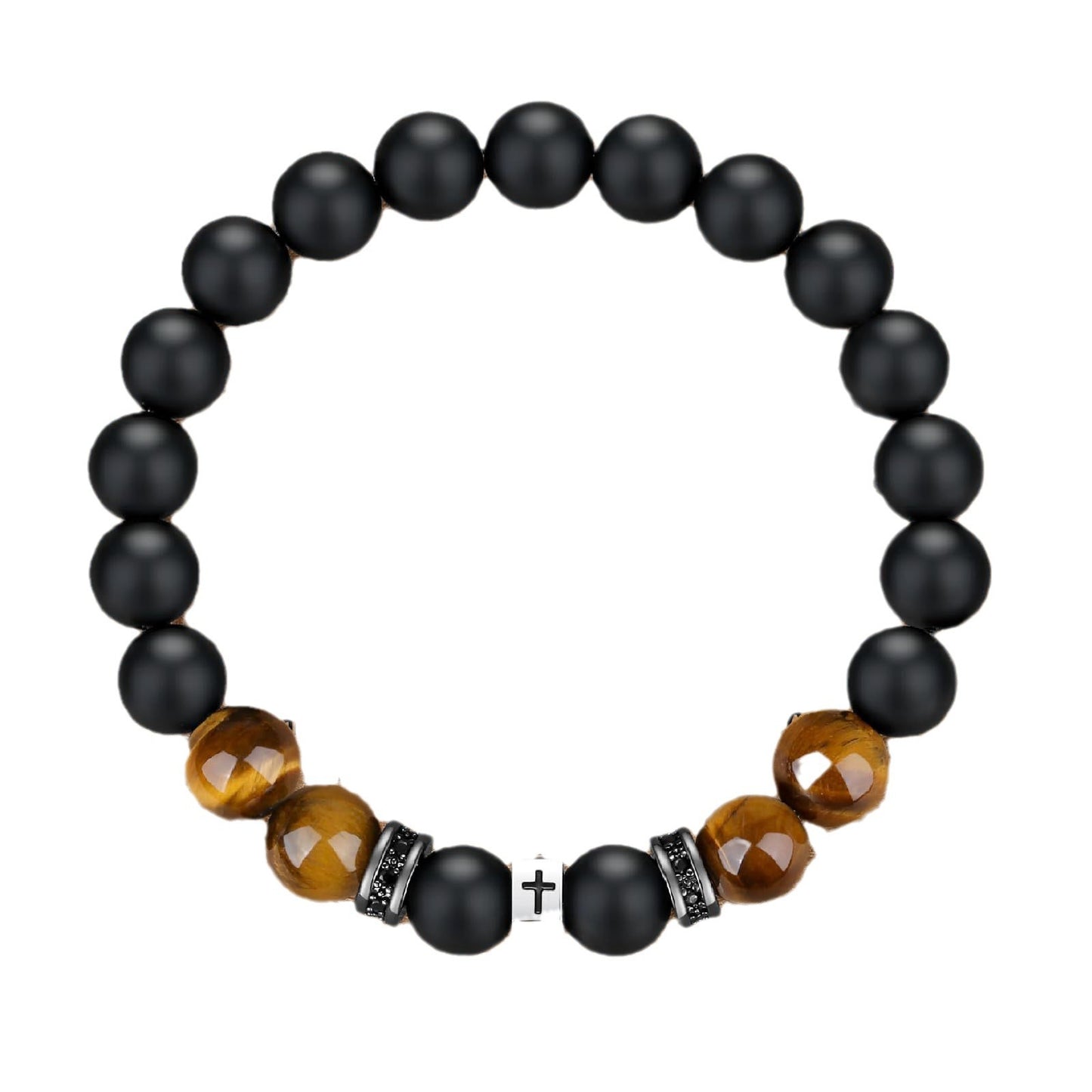 Matte Geometric Cross Tiger Eye Beaded Bracelet Stainless Steel Elastic Bangle