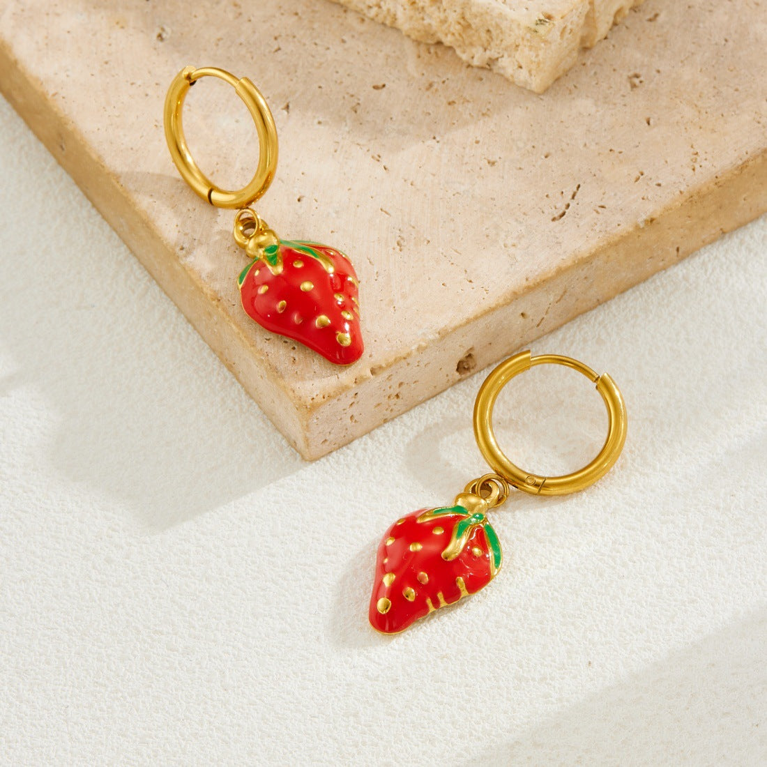 Sweet Round Drip Oil Plated Stainless Steel Strawberry Drop Earrings