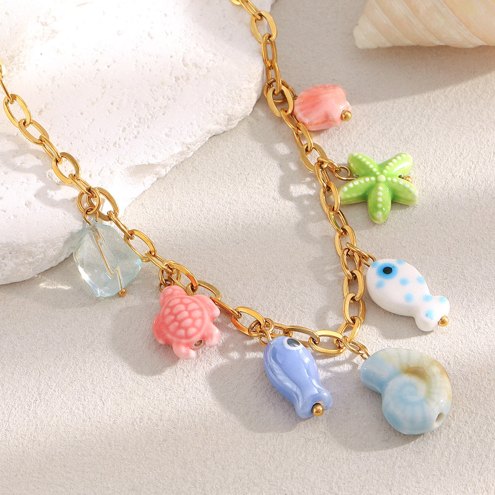 18K Gold Plated Stainless Steel Ceramic Geometric Fish Charm Bar Necklace for Women