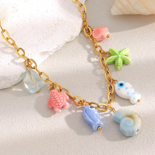 18K Gold Plated Stainless Steel Ceramic Geometric Fish Charm Bar Necklace for Women
