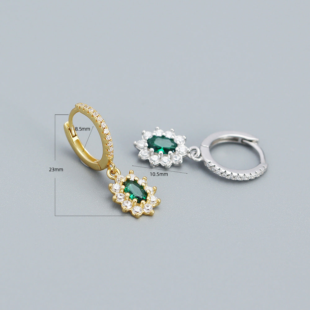 Fashionable Office-Style Geometric Silver Stud Earrings with Green Zircon Inlay and Rhodium Plating
