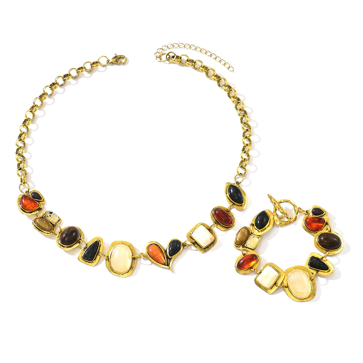 Luxury Geometric Shape Alloy Necklace and Bracelet Set with Gemstone Inlay for Women
