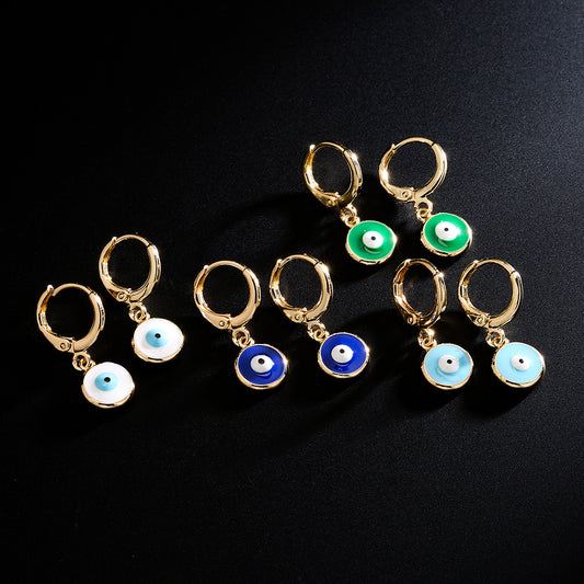 Pendientes de gota de ojo geométricos vintage chapados en oro de 18 quilates, cobre, esmalte colorido, microengarzados, joyería de moda para mujer