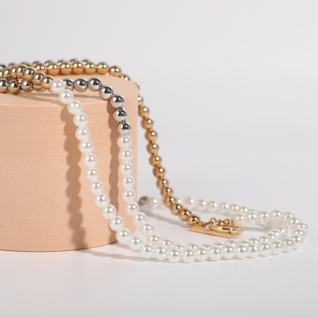 Collana Geometrica di Perle da Donna, Catena in Lega con Finitura Galvanica, Collana Minimalista per Clavicole