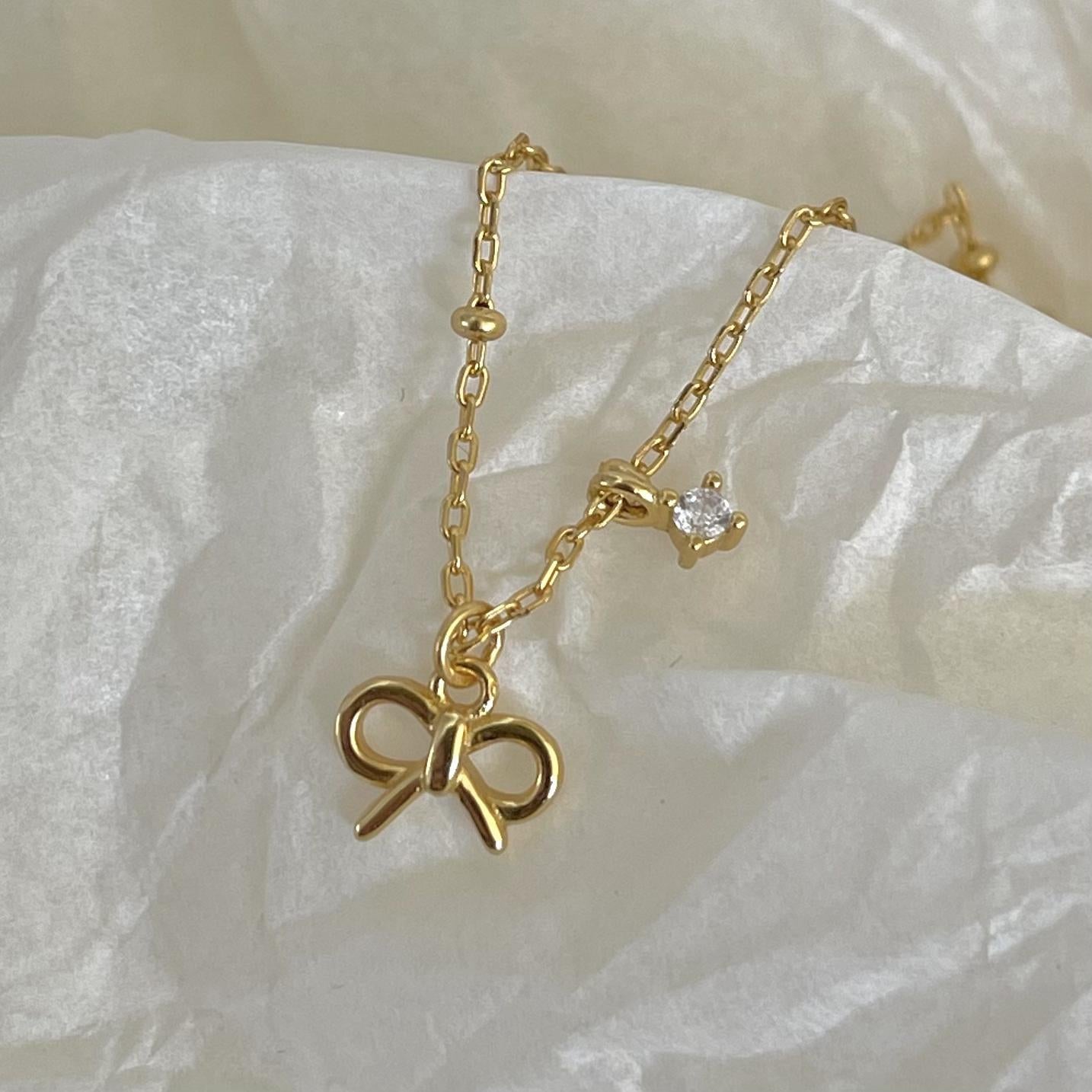 Minimalist Bowknot Pendant Necklace in 925 Sterling Silver with Cubic Zirconia Accents on Beaded Chain