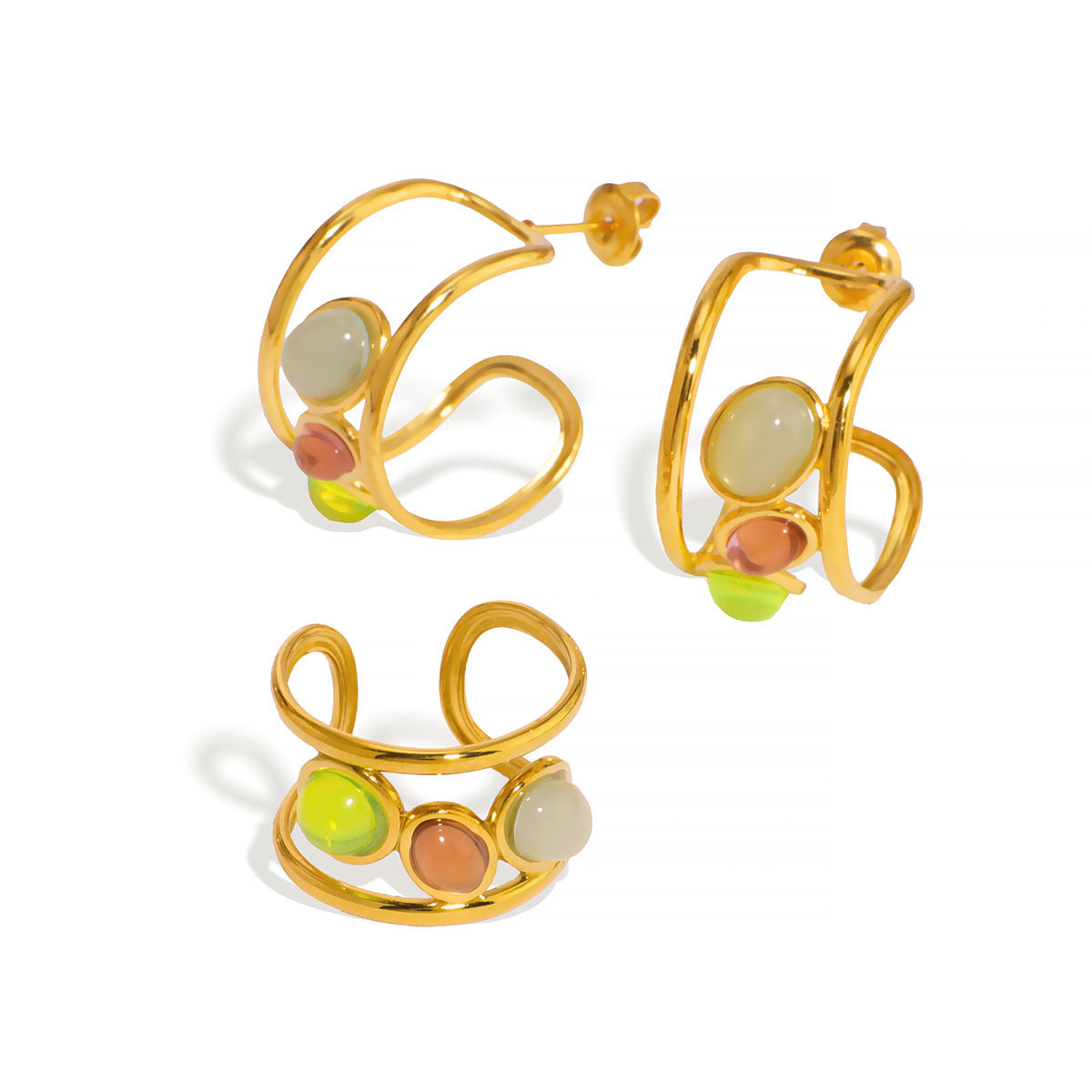 Set di orecchini e anello in acciaio inossidabile placcato oro 18 carati con pietre naturali, stile francese vintage geometrico a forma di C