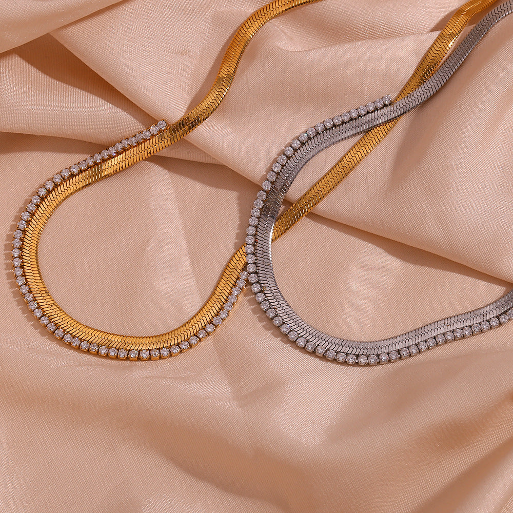 Minimalist Geometric Titanium Steel Plated Gold Fishbone Texture Inlaid Zircon Necklace for Women