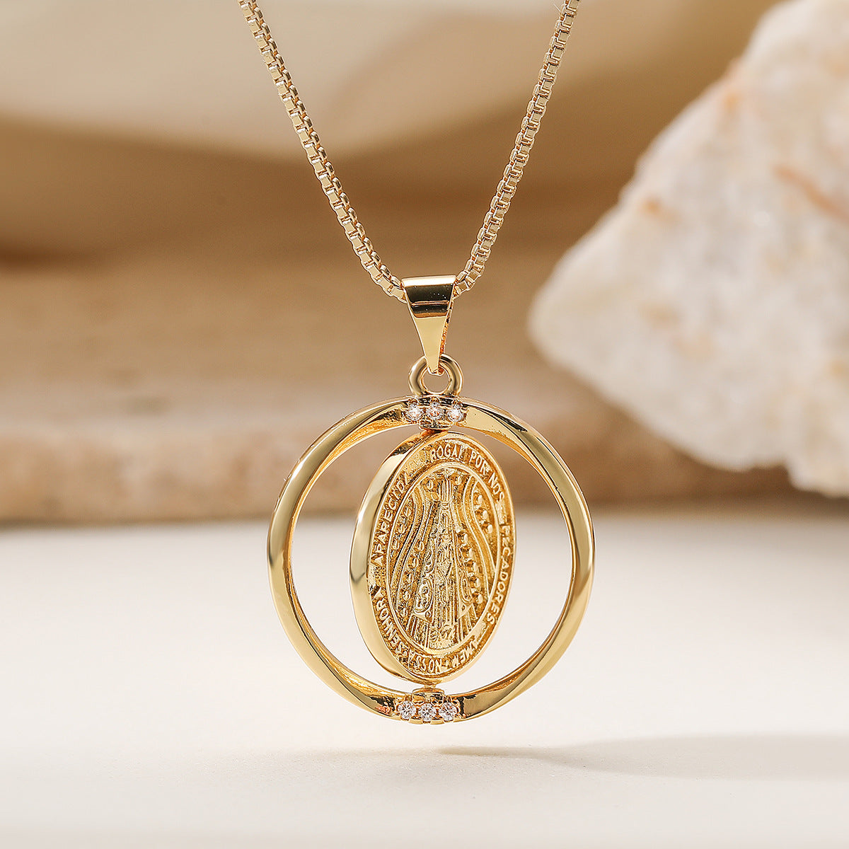 Vintage Minimalist Geometric Brass Gold Plated Cubic Zirconia Rotatable Pendant Necklace