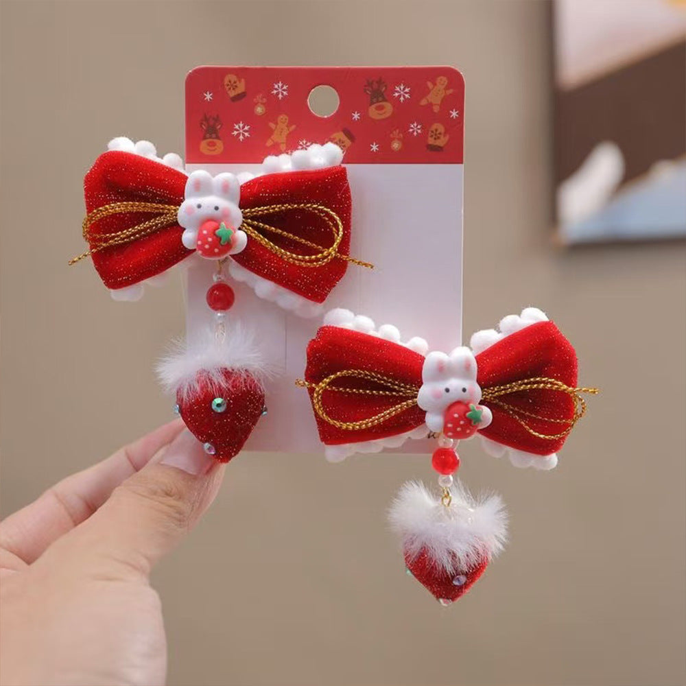 Juego de pinzas para el pelo de conejo y fresa de dibujos animados para niñas con diseño de lazo y cristales rojos estilo princesa