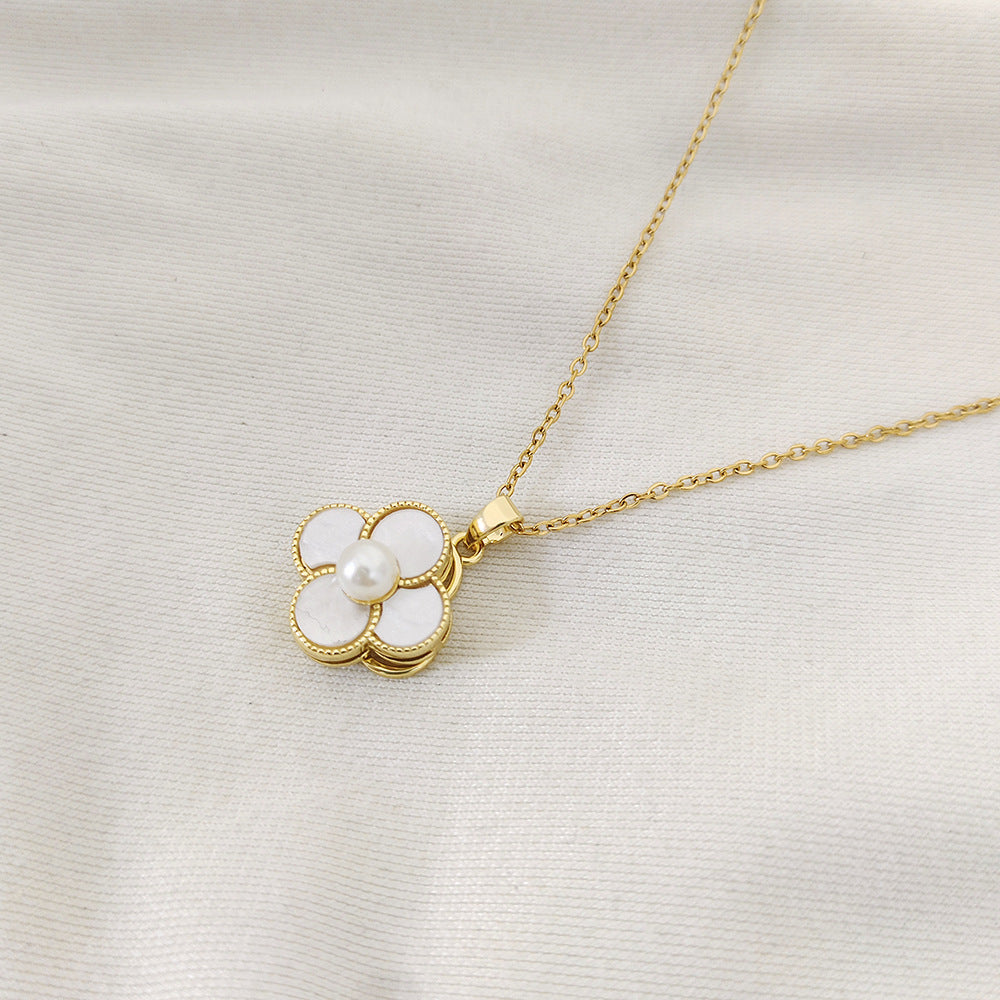Collana pendente minimalista a quadrifoglio in acciaio al titanio con accenti di perle ispirati a strass su catena O per donna e uomo