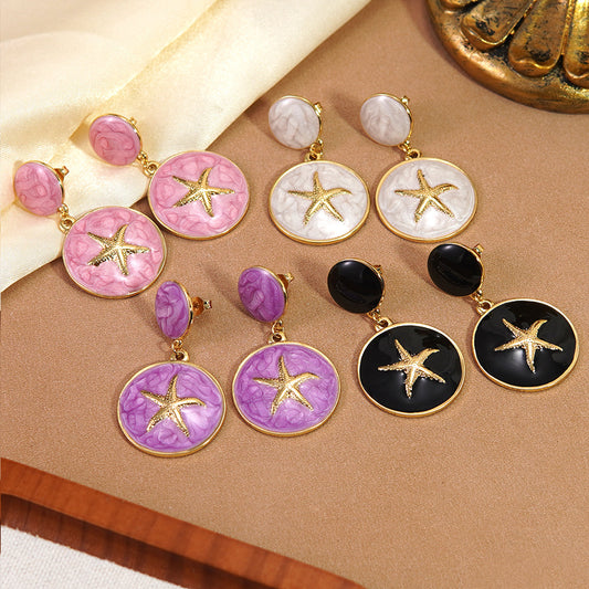 Pendientes de acero inoxidable de estrella de mar de goteo de aceite casual de lujo para mujer