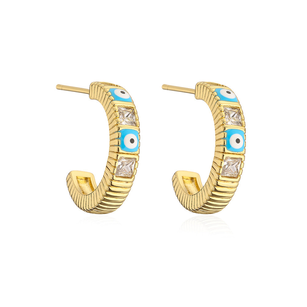 Vintage Geometric Eye-Shaped Copper Earrings with Gold Plating and Enamel Detail for Women