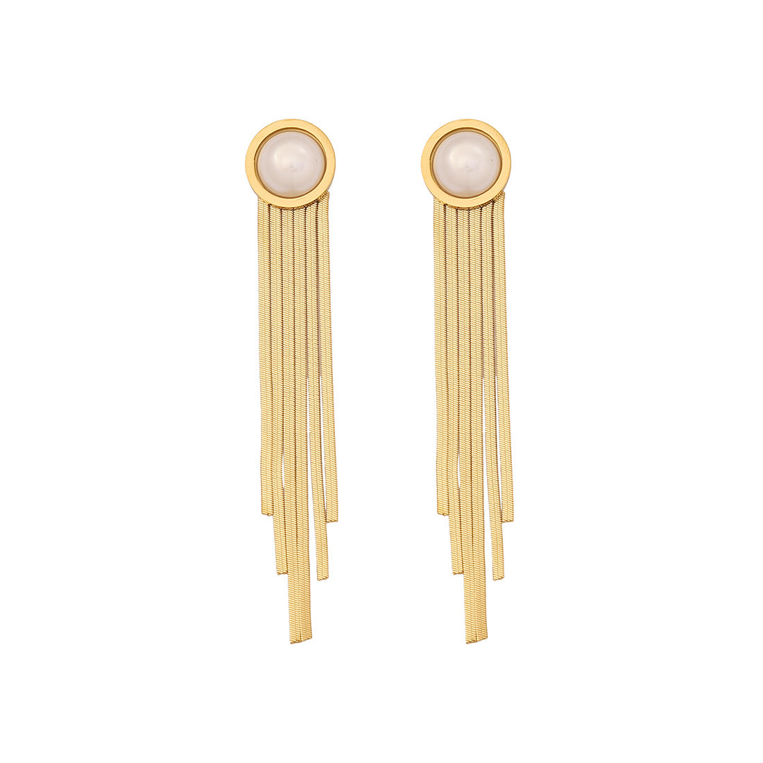 Vintage-Style Geometric Stainless Steel Earrings with Tassel and Pearl Accents Cat Eye Oval Design for Women
