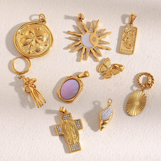 18K Gold Plated Stainless Steel Animal Bee Coin Shell Cubic Zirconia Pendant Charm Bar