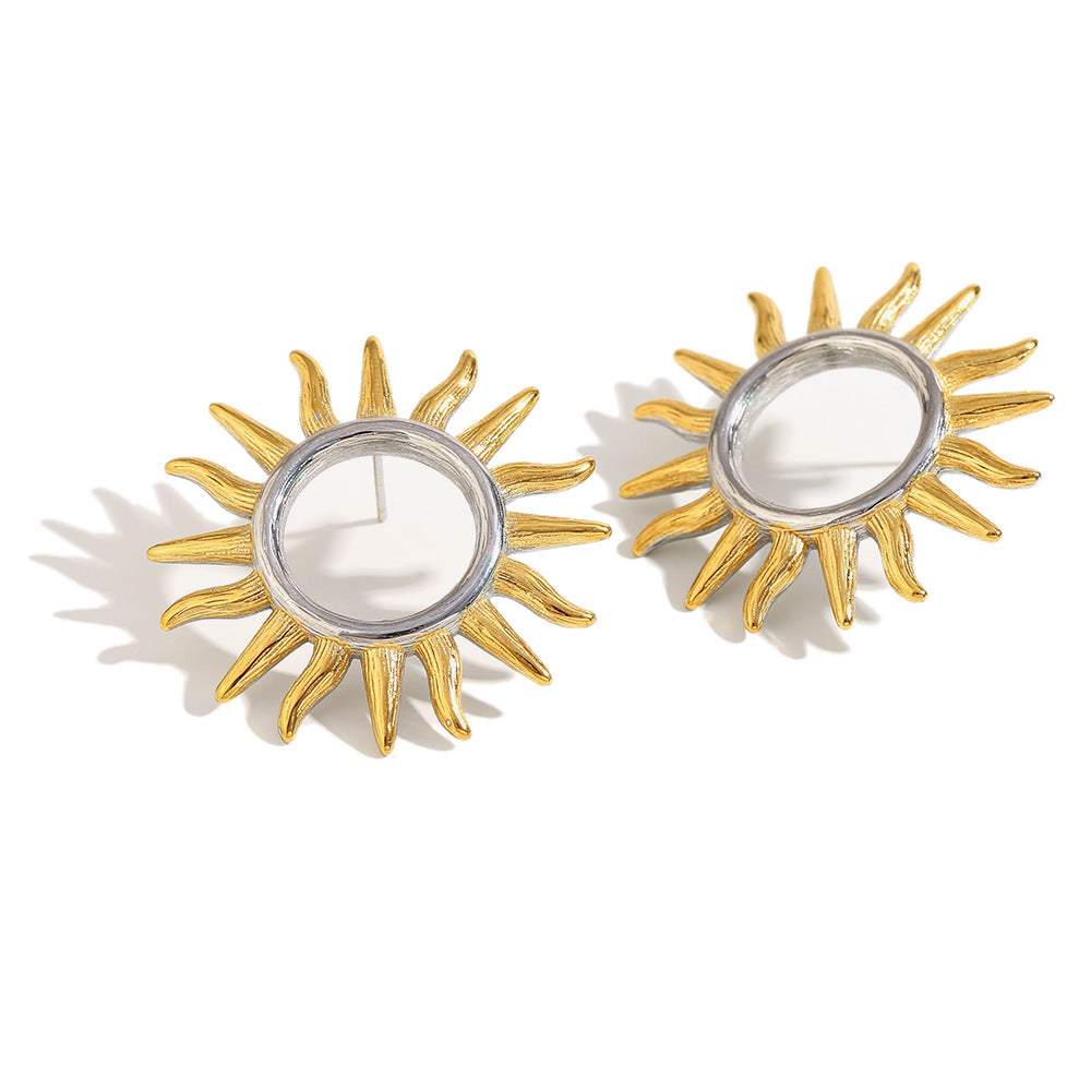 Orecchini a perno da donna geometrici a forma di sole vintage, in acciaio inossidabile placcato oro 18 carati, alla moda