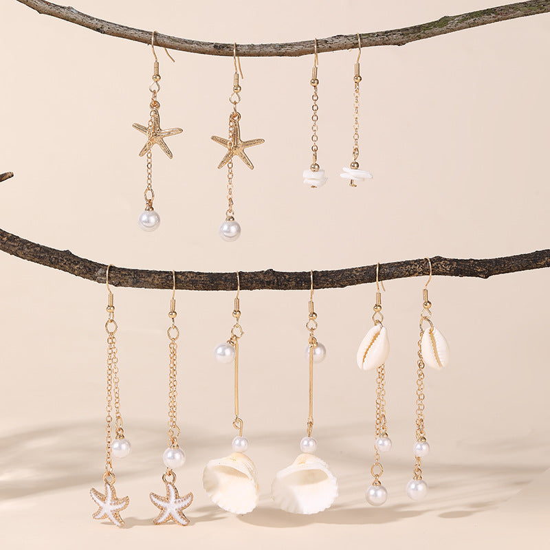 Pendientes largos de borla con colgante minimalista de estrella de mar y concha marina para niñas hechos de resina plástica