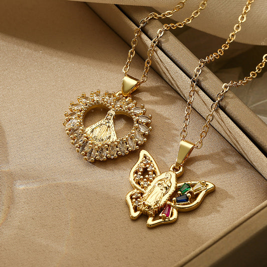 Collar con colgante minimalista de cobre en forma de corazón para mujer con diseño de mariposa y María, cadena de clavícula de inspiración vintage