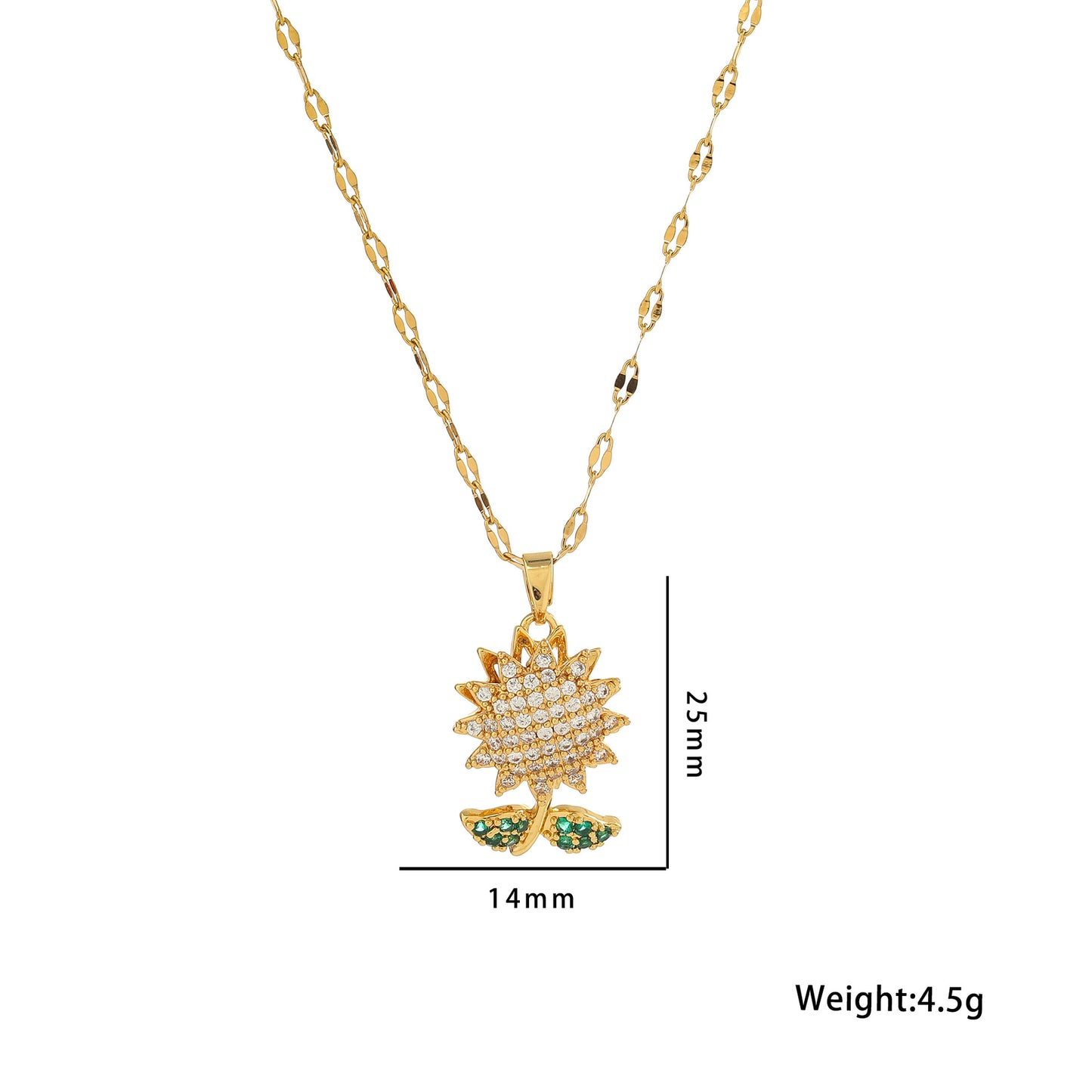 Collar con colgante de girasol geométrico para mujer con diseño de hojas verdes giratorias de doble capa en acero de titanio con incrustaciones de diamantes de imitación y cadena ondulada