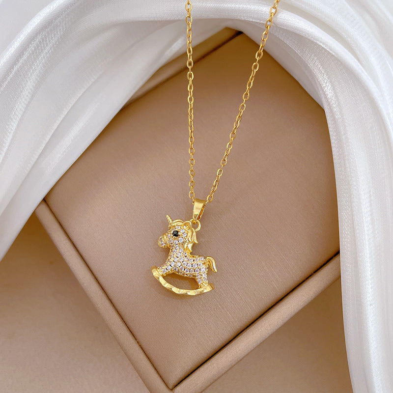 Sweet Geometric Moon Rhinestone Plated Titanium Steel Necklace with Brass Pendant Cable Chain for Unisex