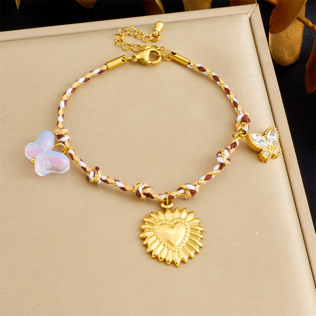 Bohemian Vintage Gold Plated Stainless Steel Bracelet with Heart Floral Butterfly Round Square Charms