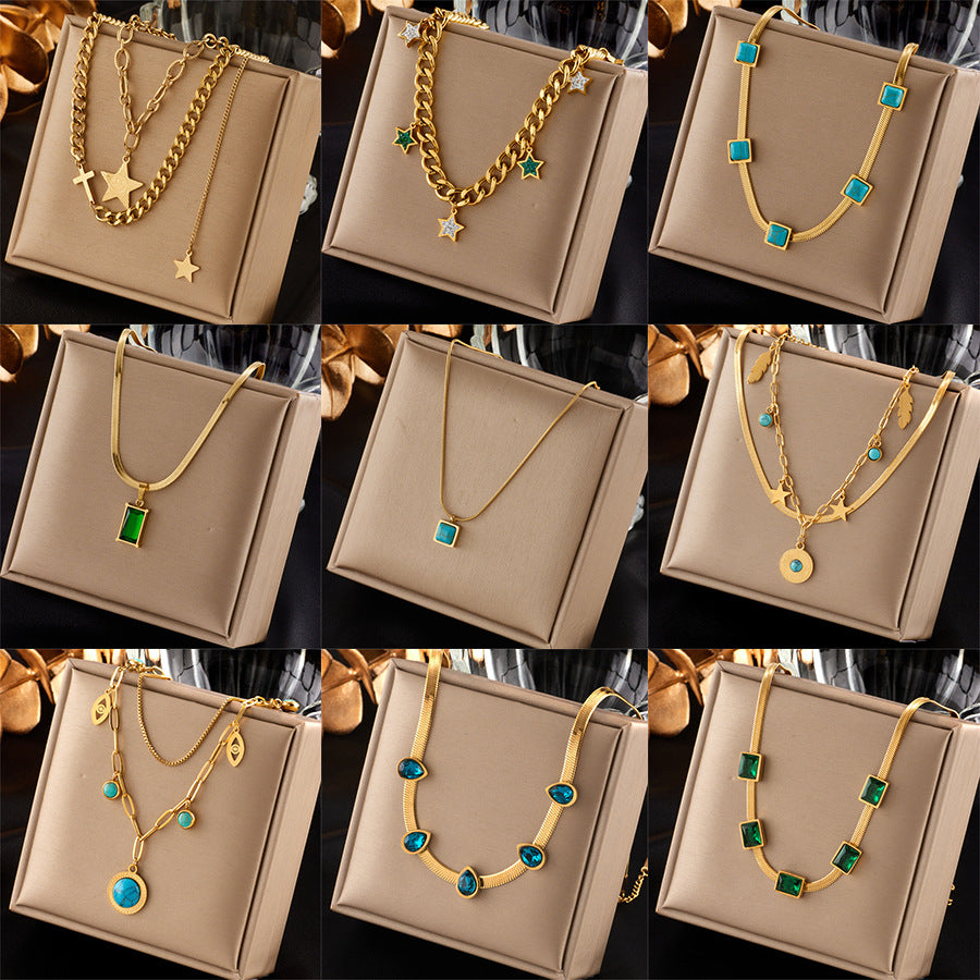Collana con ciondolo a stella geometrica turchese stile vintage per donna con catena in acciaio inossidabile e finitura placcata