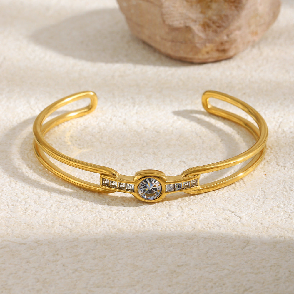 Bracciale a schiava a doppio strato geometrico con zirconi cubici rotondi in acciaio inossidabile placcato oro 18 carati, elegante e minimalista