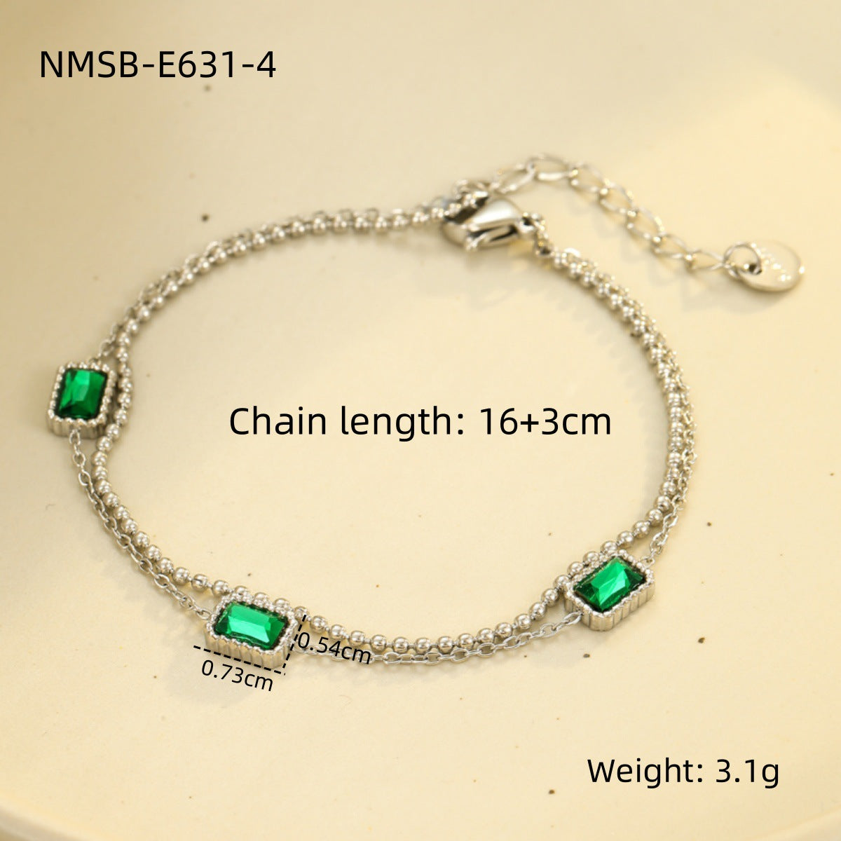 Elegante bracciale da donna in acciaio inossidabile placcato, stile ufficio, con zircone quadrato verde