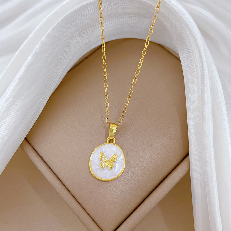 Sweet Elegant Round Drip Oil Butterfly Rhinestone Necklace Titanium Steel Cable Chain Unisex