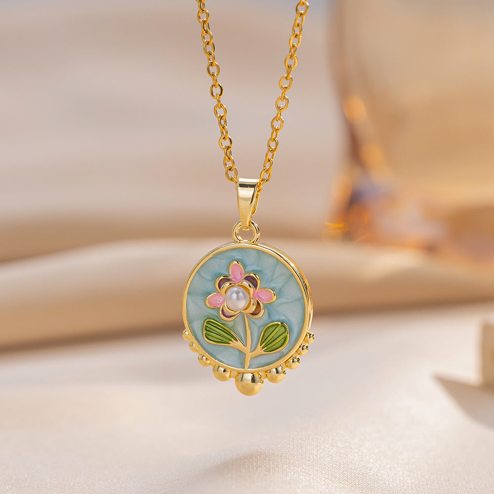 Baroque Style Leaf-Shaped Titanium Steel Necklace with Tulip Floral Motif, Vacuum-Plated for Hypoallergenic Wear, O-Chain Design