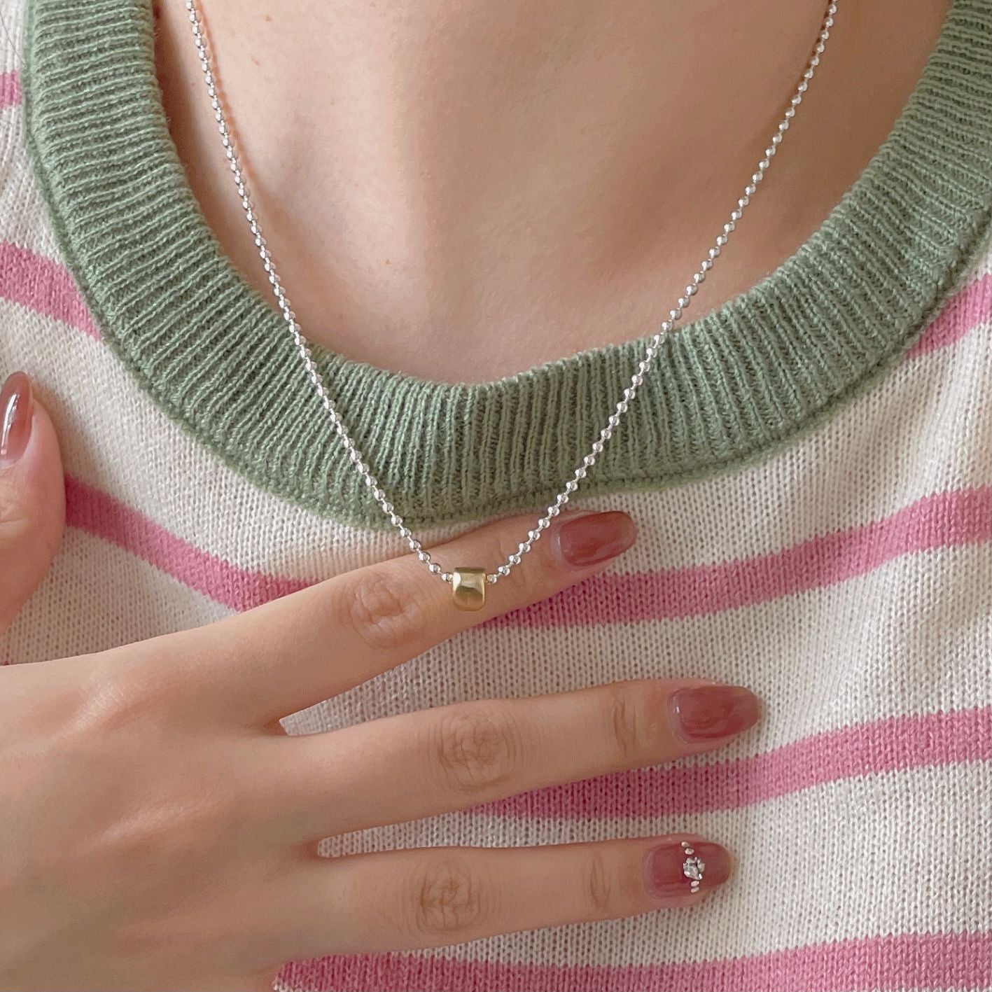 Minimalist Geometric Triangle Matte Beaded Necklace in 925 Sterling Silver with Plated Finish and Rainbow Accents