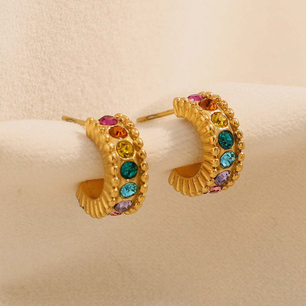 Orecchini a perno geometrici minimalisti a forma di C in zircone per donna in acciaio inossidabile con placcatura in oro 18K