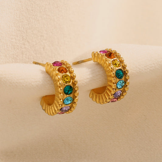 Pendientes de Tuerca Geométricos Minimalistas con Forma de C de Zirconia para Mujer en Acero Inoxidable con Chapado en Oro de 18K