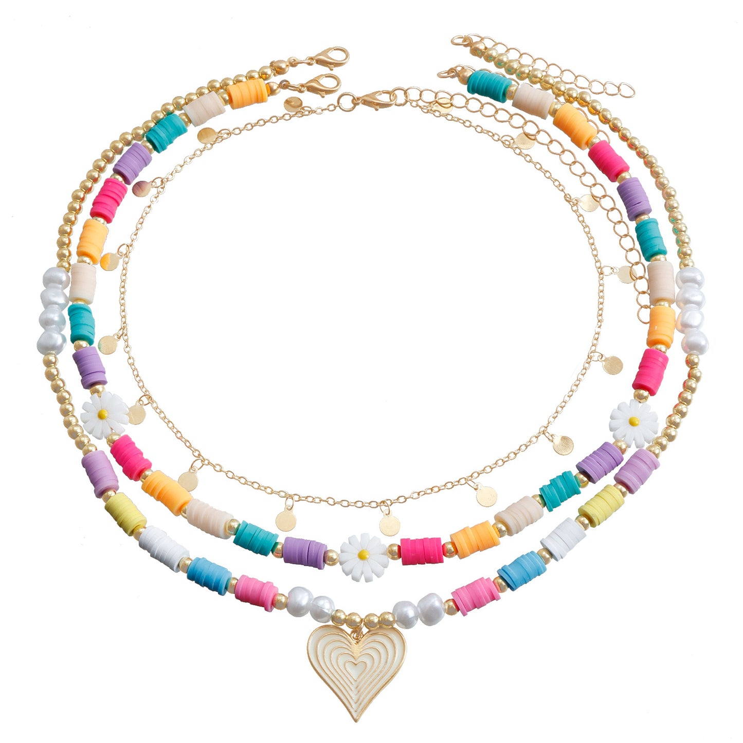 Collana da donna con ciondolo a cuore in argilla polimerica "Bohemian Rainbow" con lega galvanizzata e catena clavicola multistrato