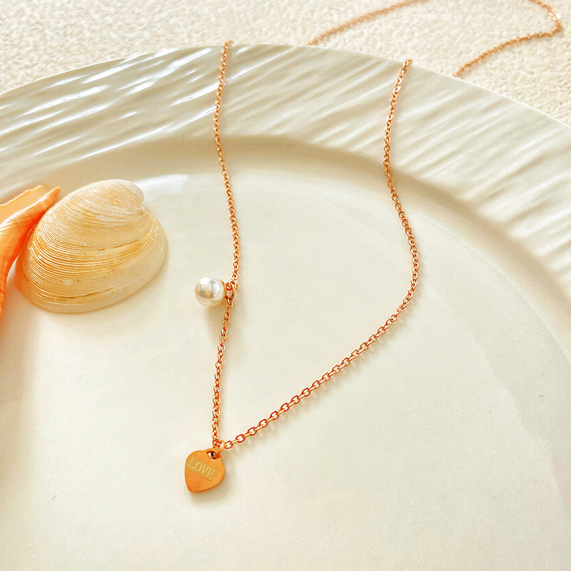 Minimalist Luxury Gold Plated Titanium Steel Heart Pearl Necklace for Unisex
