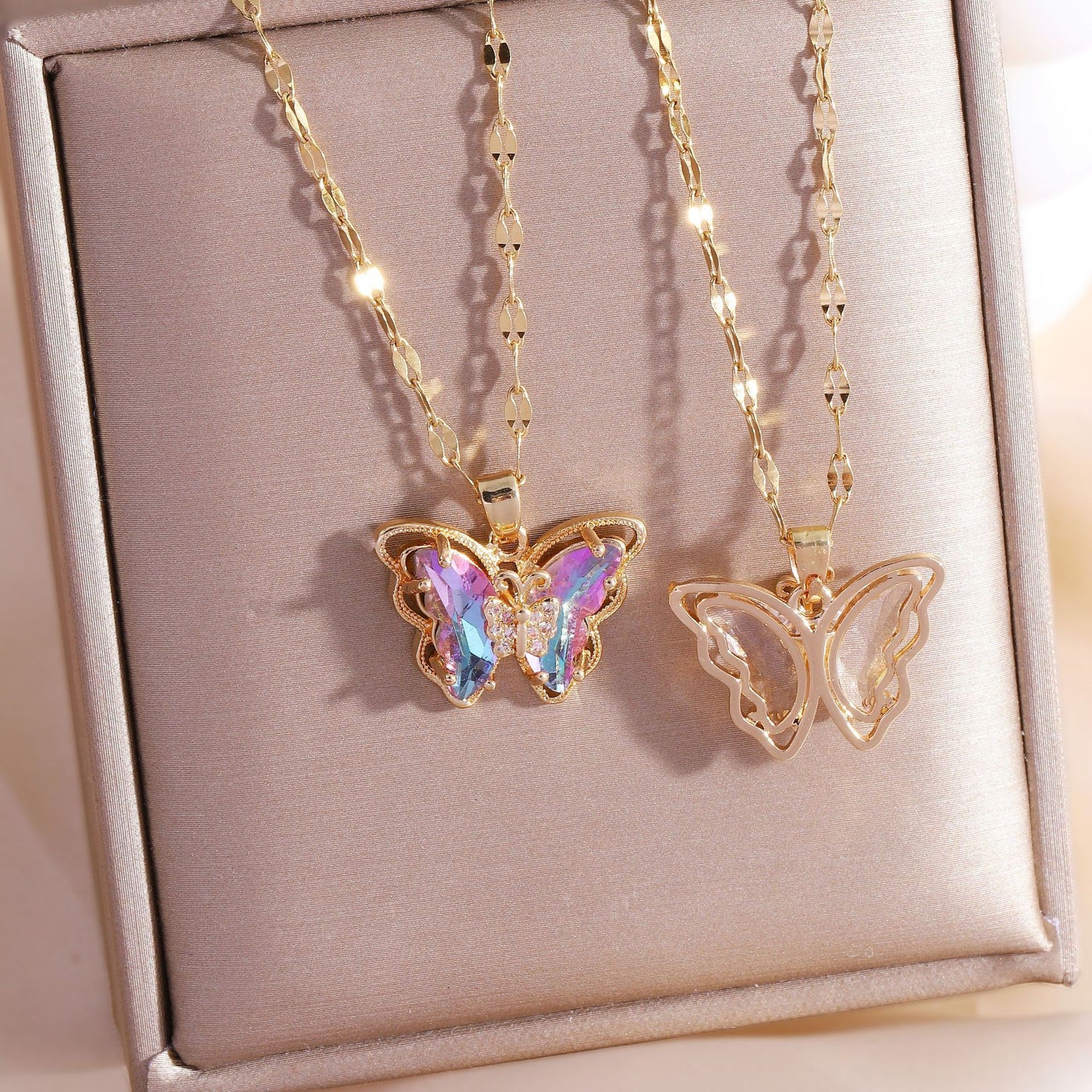 Minimalist Elegant Gold Plated Titanium Steel Butterfly Necklace with Crystal Inlay for Women