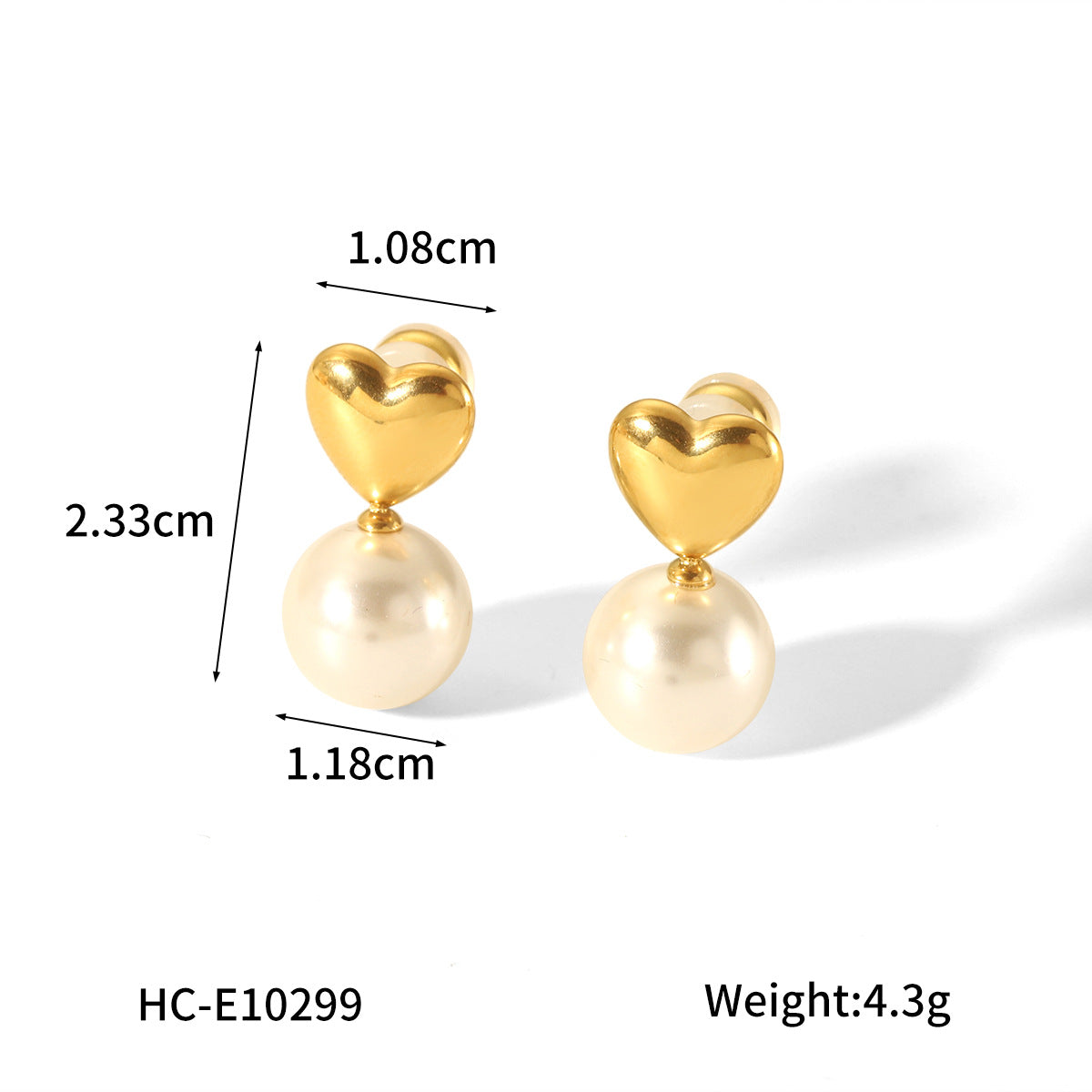 Ins Style 18K Gold Plated Stainless Steel Heart Pearl Stud Earrings for Women