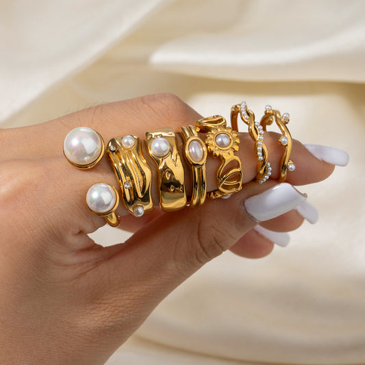 Geometric Round Pearl Plated Stainless Steel Ring for Women