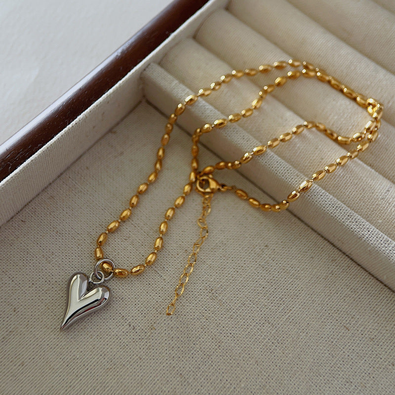 Collar minimalista de acero de titanio y chapado en oro y plata con cuentas y cadena de bolitas redondas, con forma de corazón, para mujer