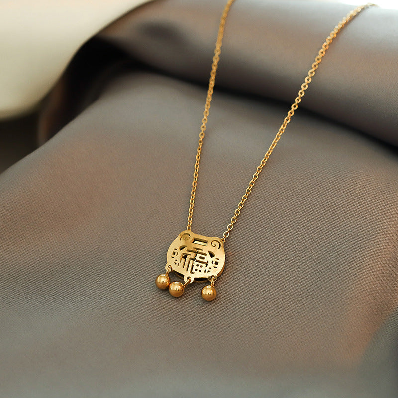 Geometric Longevity Lock Pendant Necklace for Women in Titanium Steel with 18K Rose Gold Plating