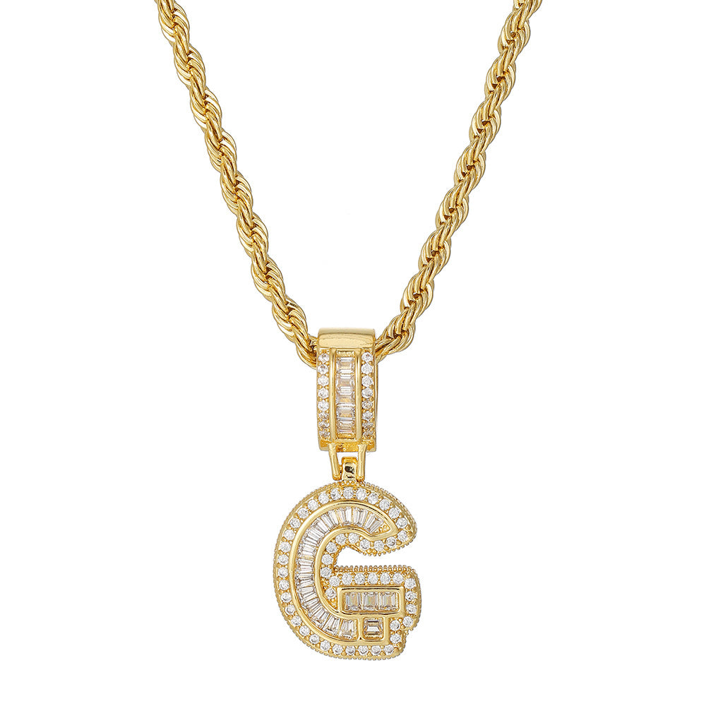 Personalized 18K Gold Plated Brass Cubic Zirconia Letter Pendant Necklace with Stainless Steel Rope Chain