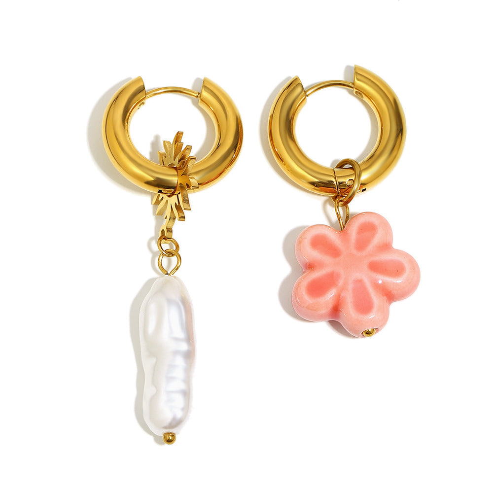 Orecchini Leggeri di Lusso con Fiori Geometrici in Acciaio Inossidabile, Placcati Oro 18K, con Vetro e Perle Imitazione