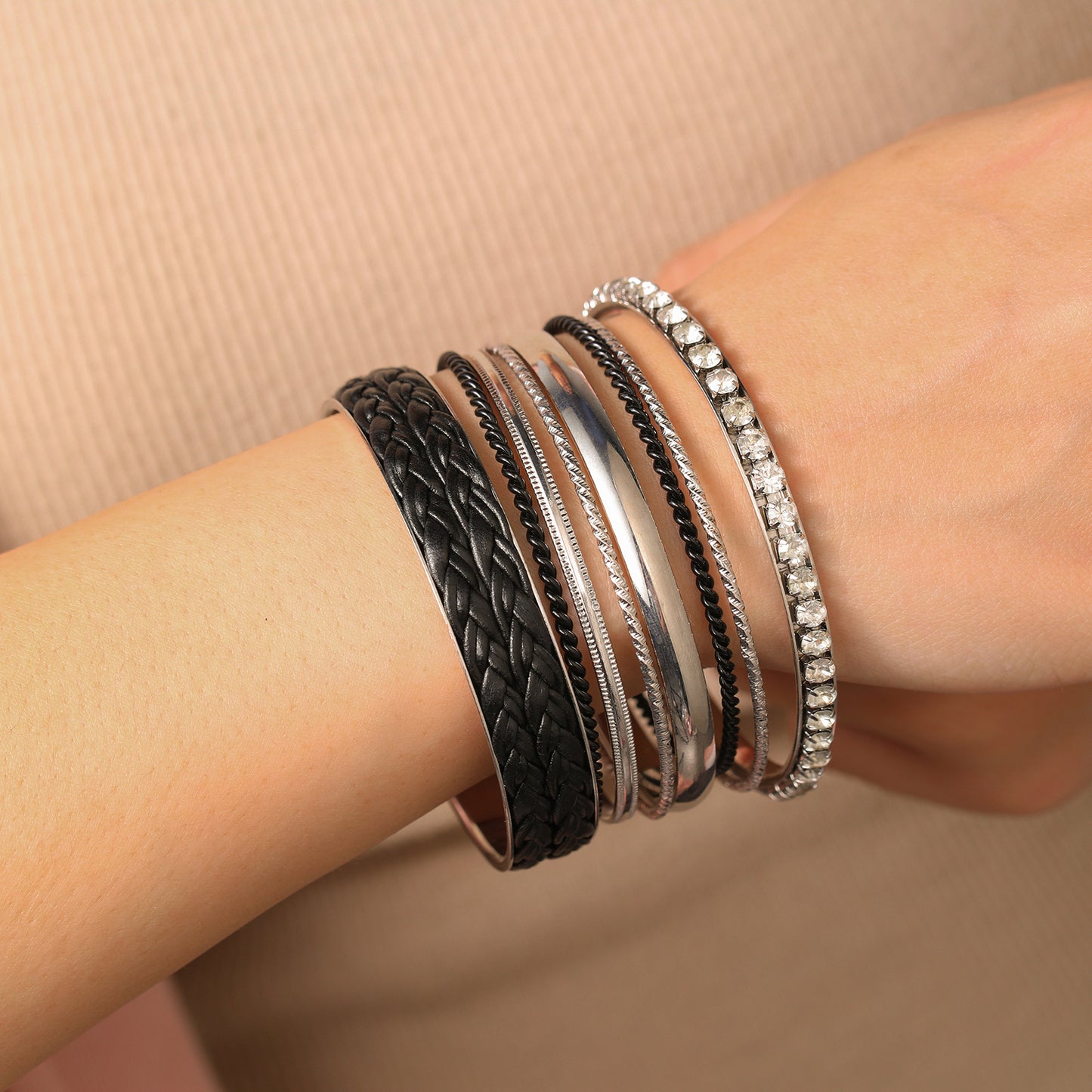 Vintage Bohemian Minimalist Geometric Round Alloy Plated Rhinestone Bracelet Set