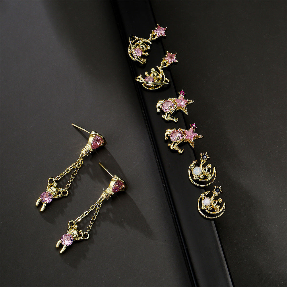 Cute Animal Geometric Brass Earrings Gold Plated with Cubic Zirconia for Women