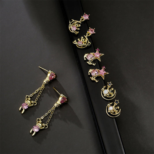 Cute Animal Geometric Brass Earrings Gold Plated with Cubic Zirconia for Women
